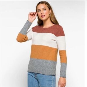 PINQUE Design Studio Colorblock Striped Crewneck Sweater - Rust Mustard Gray - M